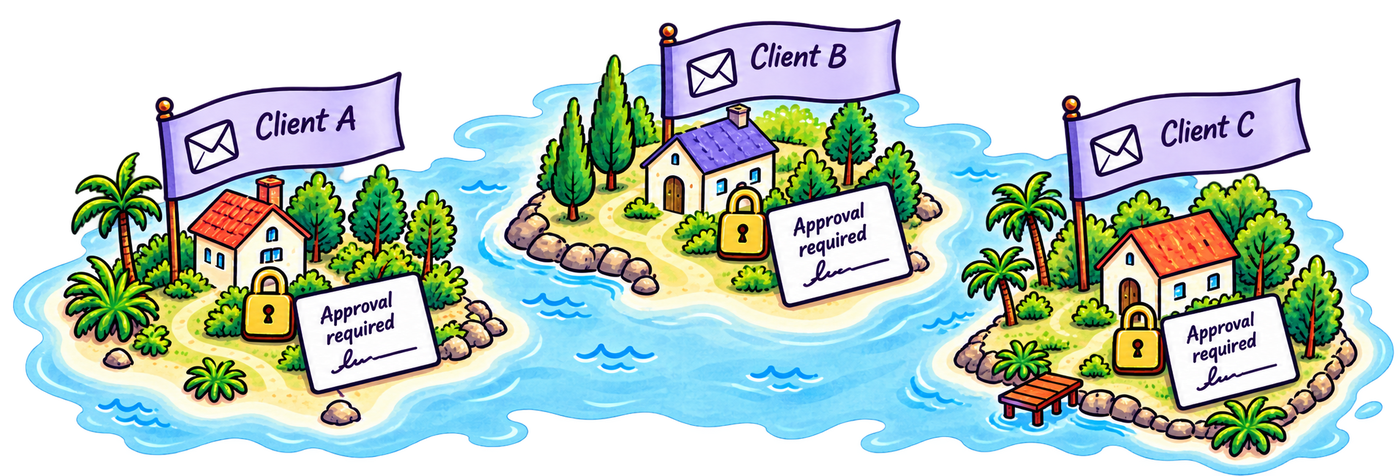 Three client islands, Client A, B and C, each with its own flag and its own approval.